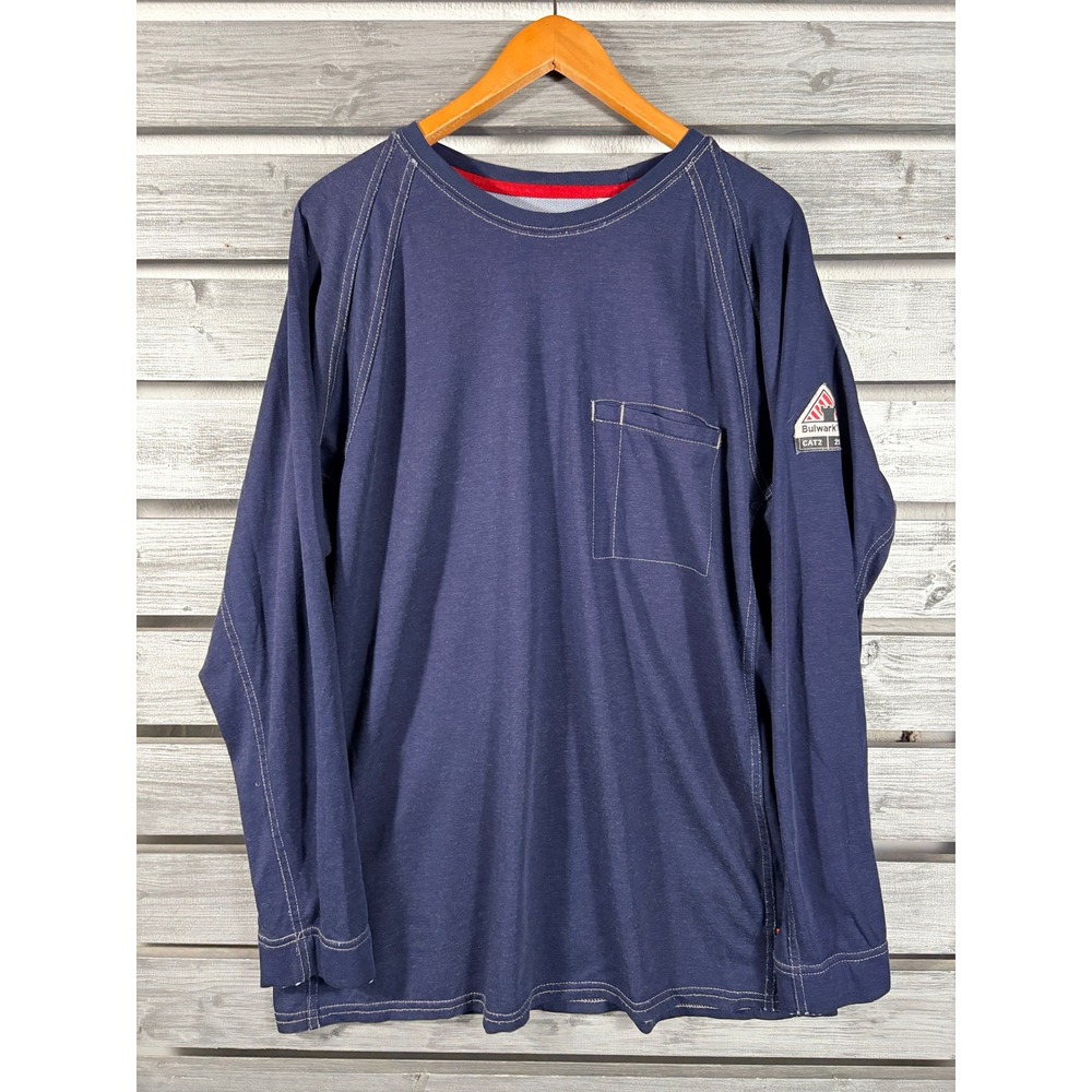 Bulwark FR iQ Series Mens Navy Blue Long Sleeve Pocket T-Shirt CAT2 QT32DB4 L